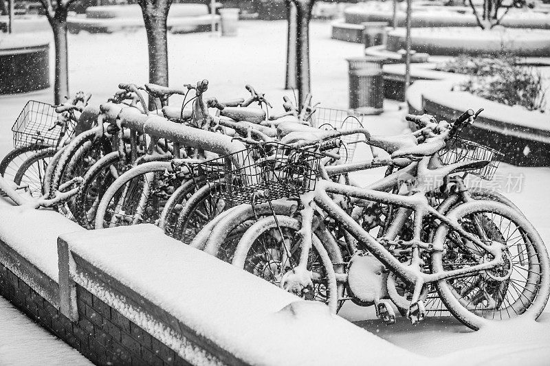 在雪下的街道上骑车