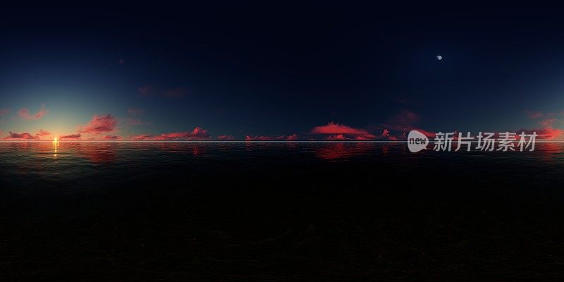 360°全景图，一个深红色的日落天空在海上