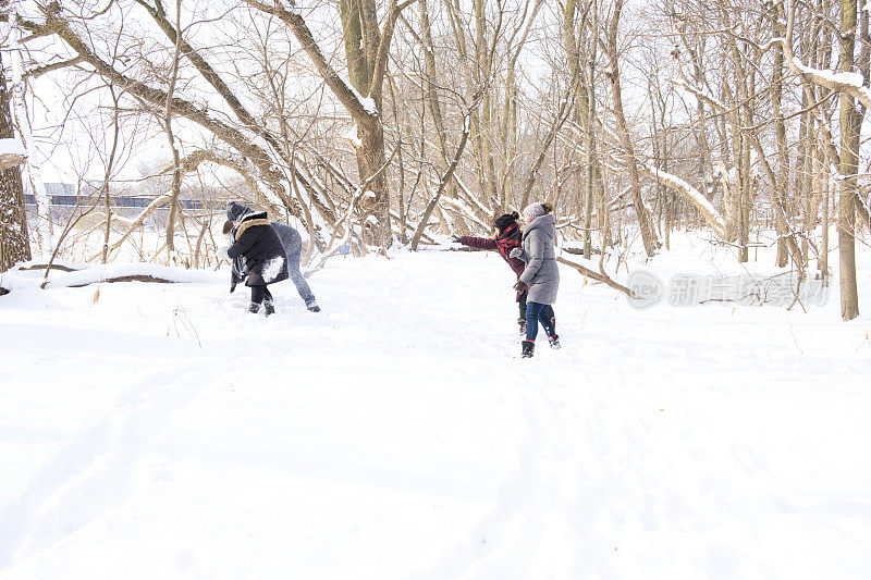 一群年轻人在冬天的一天在树林里打雪仗