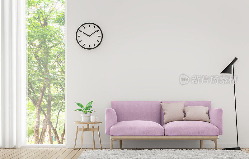 现代白色客厅与蜡笔家具3d渲染图像