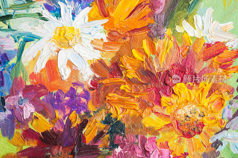 油画，特写片段。色彩鲜艳的花束