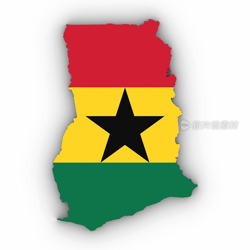 加纳地图轮廓与加纳国旗在白色与阴影3D插图