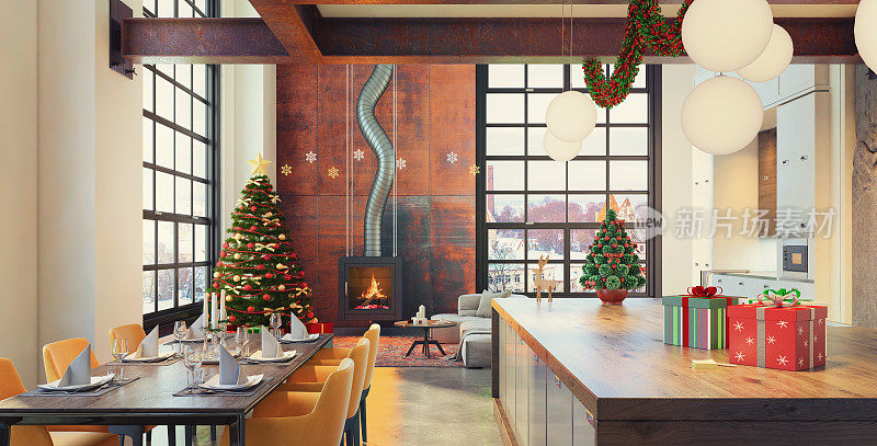 现代阁楼公寓内部餐厅和厨房与圣诞装饰