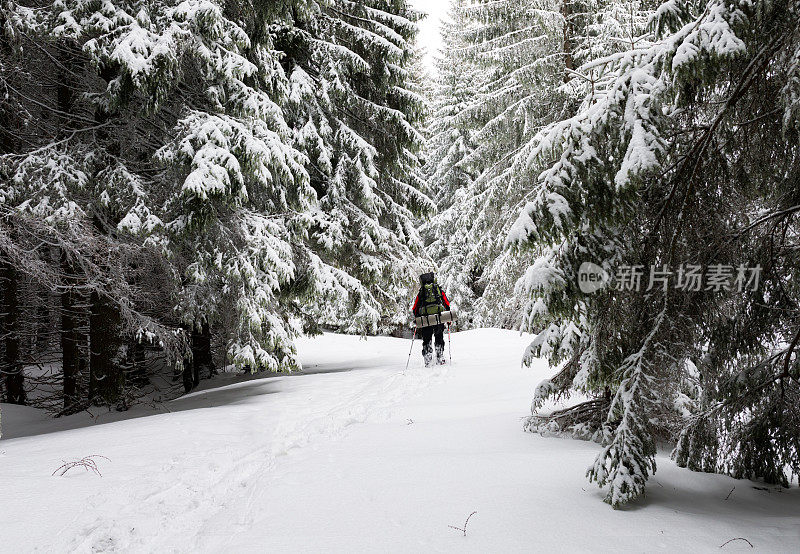 在雪地里徒步旅行的人。