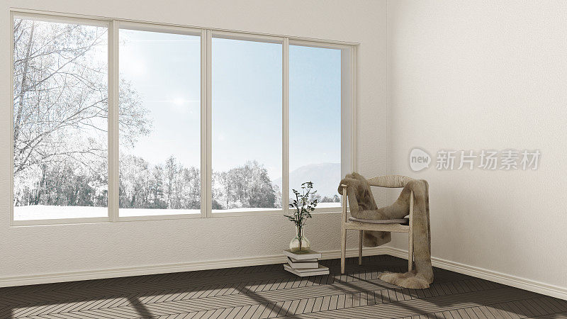 空房间与皮草沙发木椅和大窗户全景，冬季山，雪，室内设计