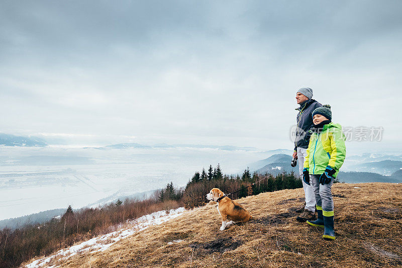早春时节，父亲带着儿子带着狗在山上散步