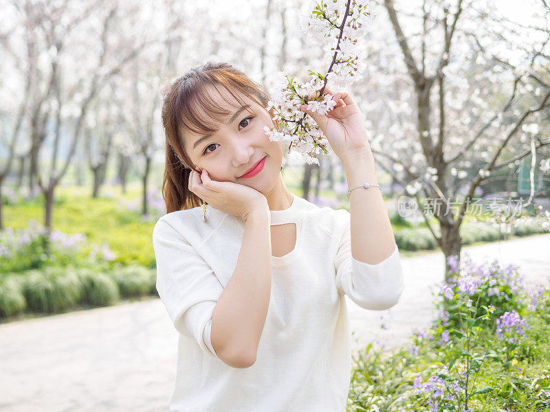 户外肖像美丽的年轻中国女孩微笑在盛开的樱花树早午餐在春天的花园，美丽，夏天，情感，表达和人们的概念。