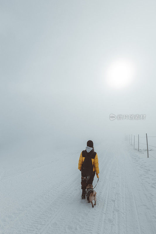 一名妇女和一只狗在冬季徒步旅行到意大利多洛米特的塞塞达山