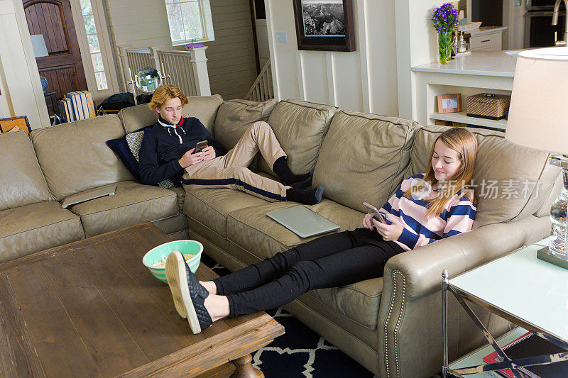 两个青少年在家里的客厅里使用手机
