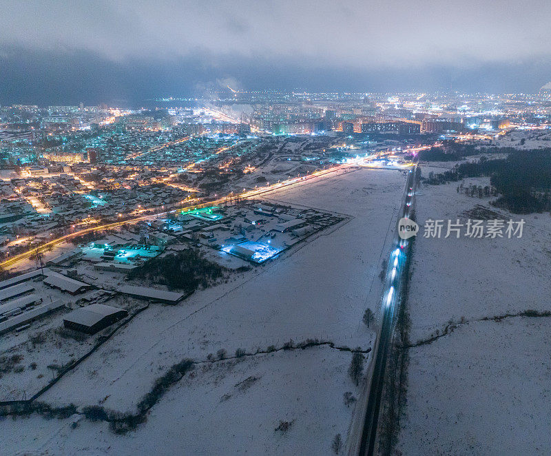 风景优美的冬季城市夜景，鸟瞰风景