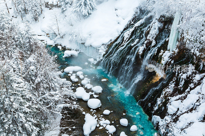 日本北海道，冬城瀑布