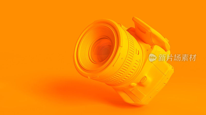 概念立体图像的3d渲染DSLR相机，完全色调在橙色。