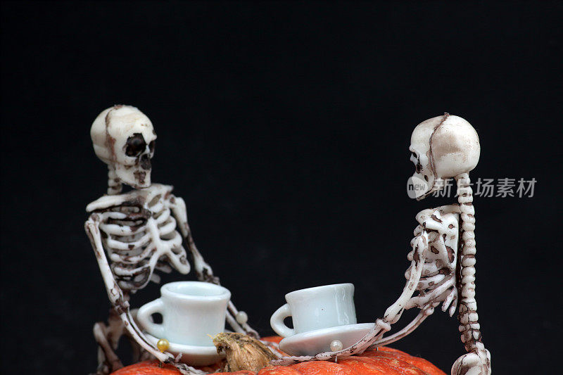 万圣节概念——两个骷髅在黑色背景下的南瓜桌上喝茶。水平的形象