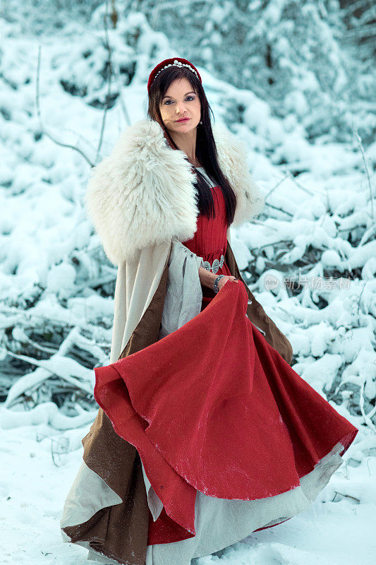 美丽的黑发女维京战士皇后在雪地里