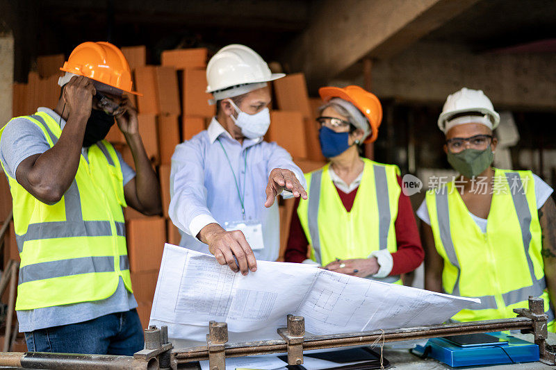 建筑工人戴着防护口罩讨论建筑方案