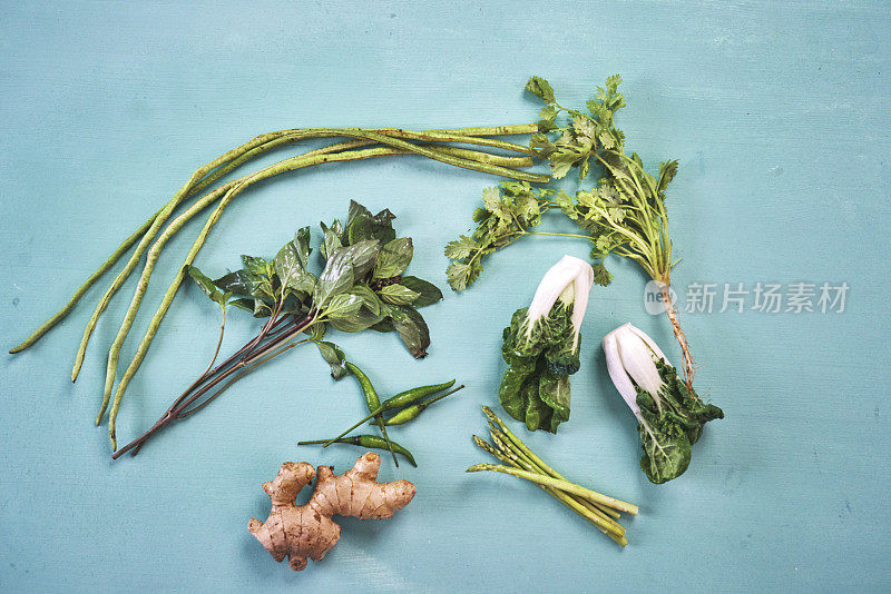 亚洲蔬菜，如白菜，蘑菇，泰国茄子和莲藕