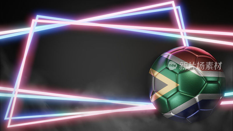足球在抽象的霓虹灯背景旗帜颜色。南非