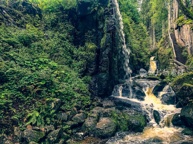 德国夏季黑森林中的一条瀑布河。