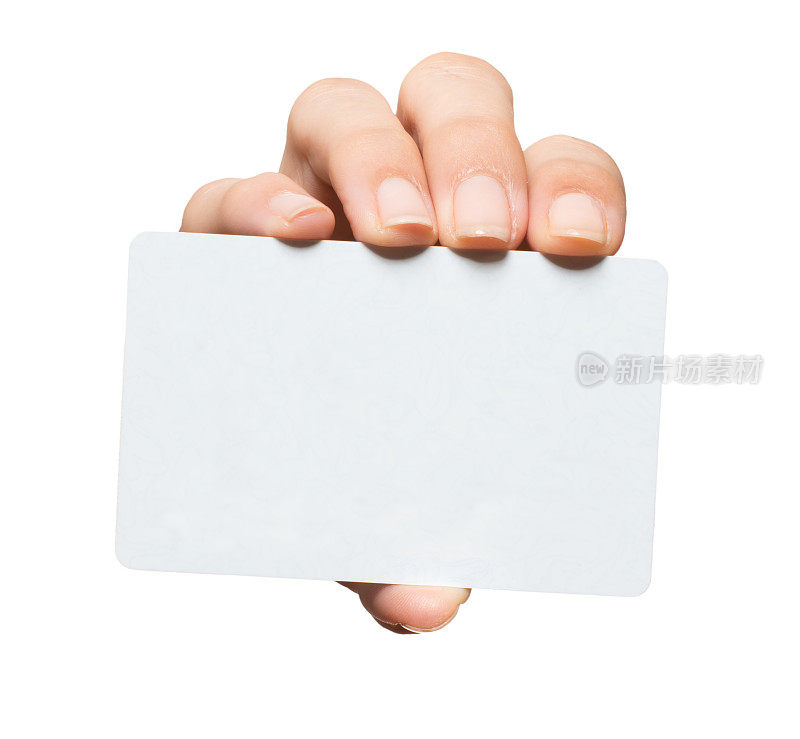 女人的手与空白信用卡孤立在白色背景