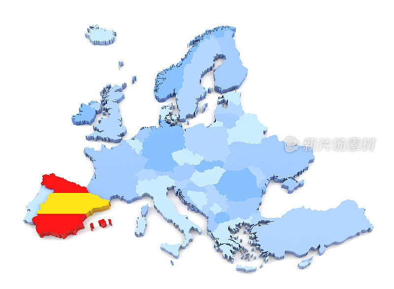 欧洲地图，西班牙国旗