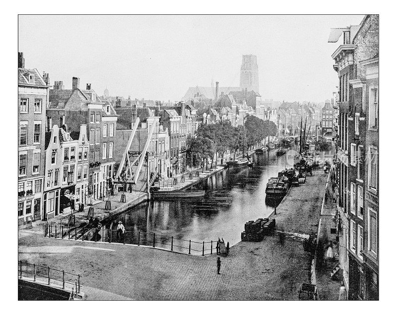 代尔夫特瓦艺术的古董照片-鹿特丹(荷兰)19世纪的城市景观