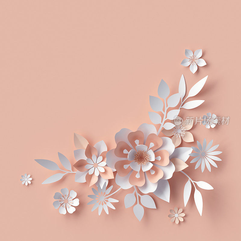 3d渲染，抽象纸花，装饰性花卉背景，贺卡模板，创意角落设计元素