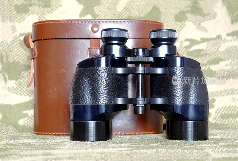 复古Porro棱镜黑色双筒望远镜与情况伪装背景