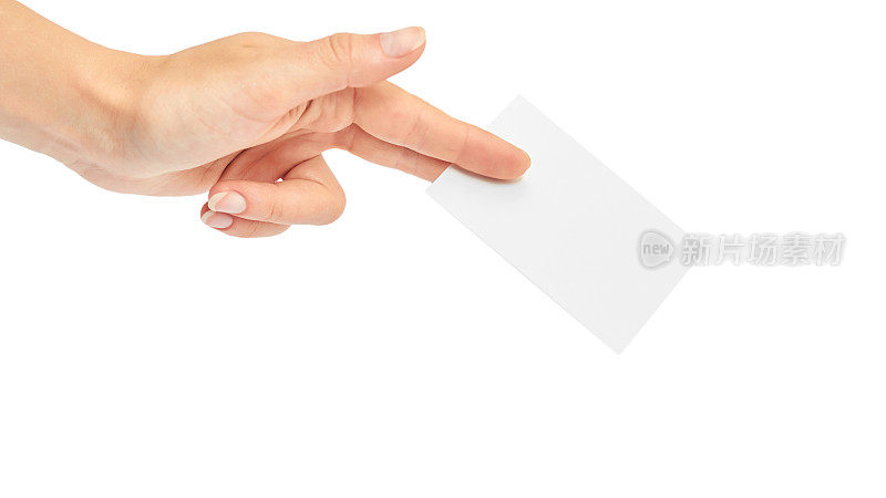 女性手中握着一张名片。孤立在白色背景上。复制空间、模板
