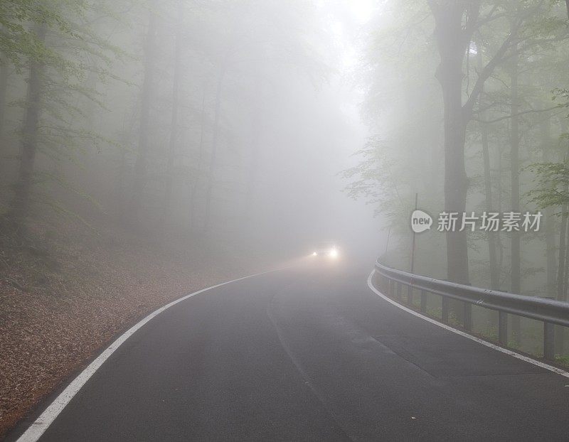 汽车前灯照亮了雾蒙蒙的道路