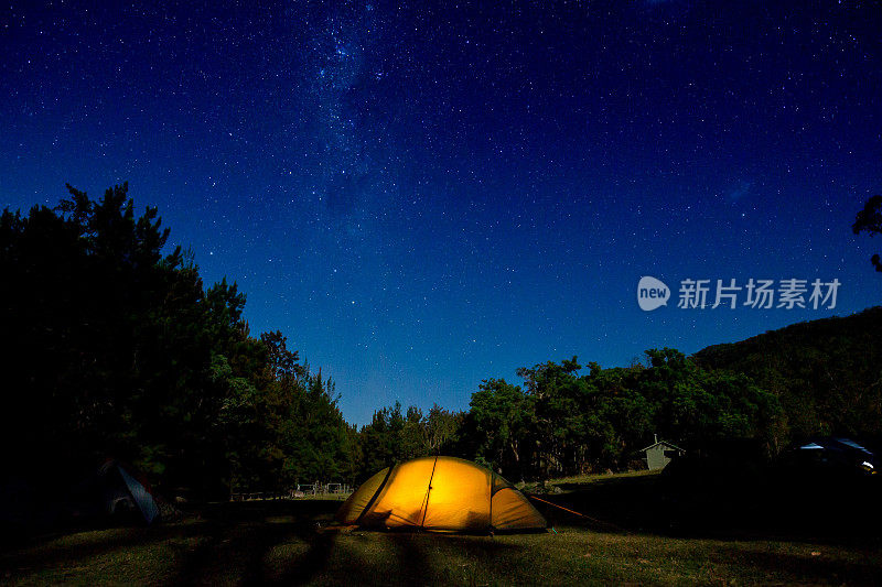 一个橙色的帐篷在充满星星的银河夜空下闪闪发光