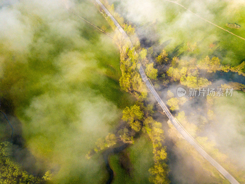 田野和道路的鸟瞰图