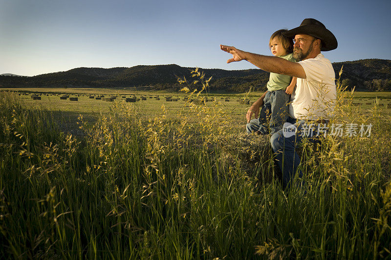 美国干草农民和他的儿子在勘测他的土地
