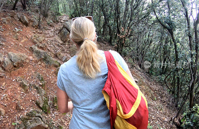 女性徒步旅行者攀登森林小径