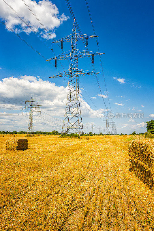 麦田里的电塔和干草捆