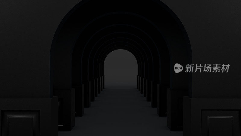 3D抽象隧道门黑色背景，空产品站，平台，讲台