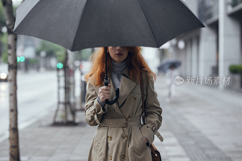 一个带着雨伞在雨天行走的女人