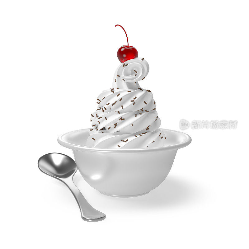 一碗顶上有樱桃的软冰淇淋。