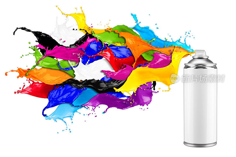 喷淋可喷涂彩色彩虹涂料液体，颜色飞溅爆炸隔离白色背景。工业diy喷漆涂鸦概念。