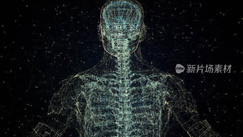 照明扫描人体部分的数据和粒子。生物识别技术的概念。未来的绿色设计