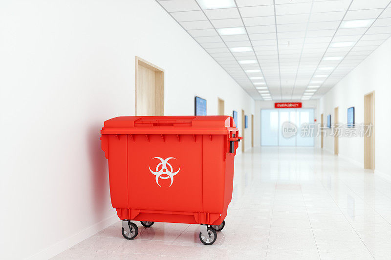 医院走廊红色垃圾与医疗垃圾的生物危害标志