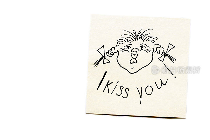 一个扎着辫子的女孩的滑稽肖像，一个女孩用一个飞吻亲吻。短信，我吻你。标记图。字母贴纸。