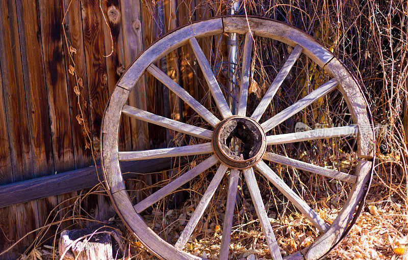 圣达菲风格:旧木马车车轮对狼篱笆