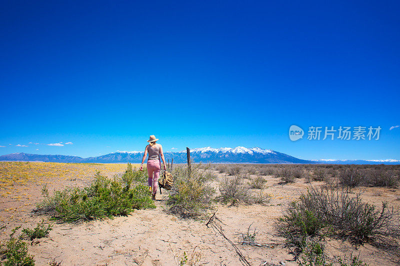 独自行走在沙漠中的女人，雪山背景