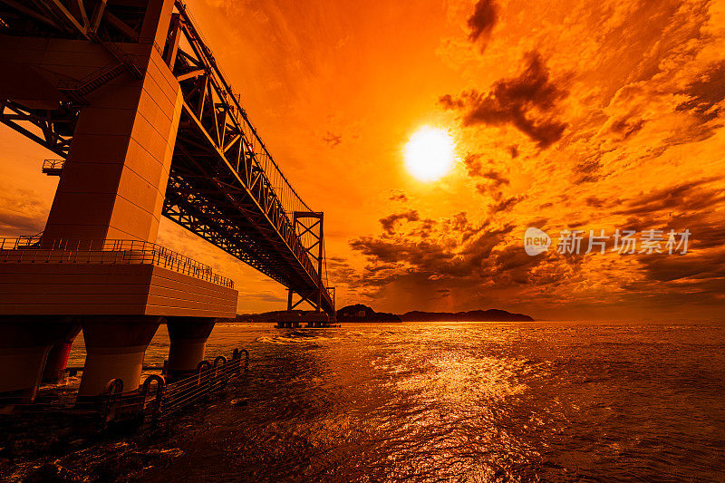 火影忍者海峡大桥的背景是夕阳下橘红色的天空