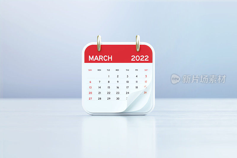2022年三月日历白色反光背景