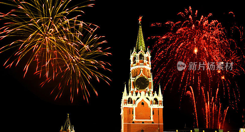 莫斯科克里姆林宫上空的新年烟花。