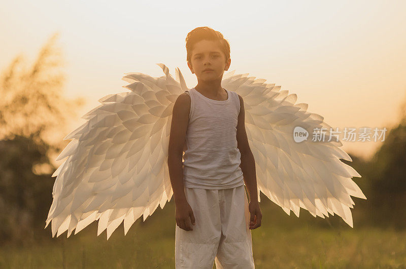 绿色草地上长着白色翅膀的天使。深色头发的男孩在一件白衬衫的夏天日落背景