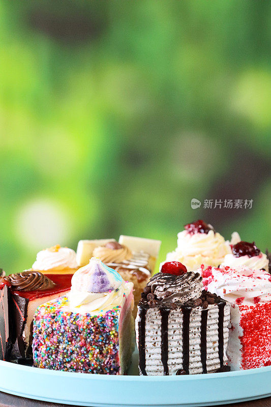 粉彩蓝色盘子上各种蛋糕切片的图像，天使食物蛋糕，巧克力和樱桃蛋糕，黑森林蛋糕，红丝绒蛋糕，彩虹蛋糕，咖啡和大理石纹巧克力蛋糕，咸焦糖蛋糕，模糊的绿色背景，重点在前景