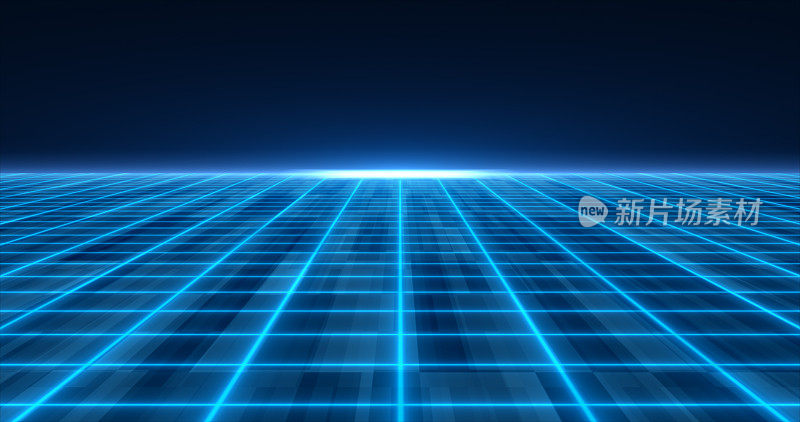 抽象蓝色发光霓虹灯激光网格未来高科技与能量线表面和地平线，抽象背景。4k视频，运动设计