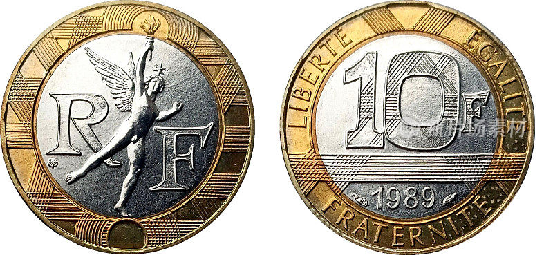 法国十法郎标准流通双金属:镍中心为铝青铜环形硬币